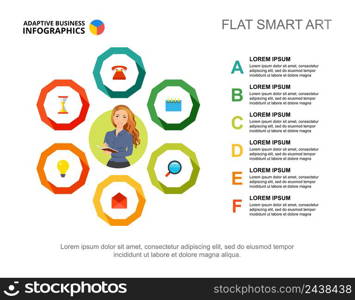 Six points list process chart template for presentation. Business data visualization. Company, work, strategy, planning or marketing creative concept for infographic, report, project layout.
