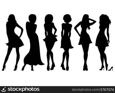 Six slim attractive women black silhouettes, hand drawing vector artwork