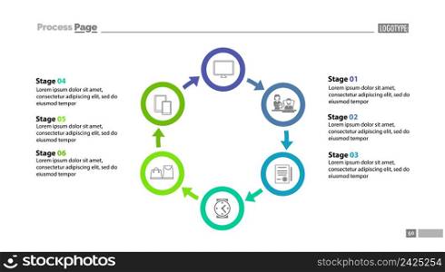 Six stages cycled process chart template with descriptions. Diagram, strategy, plan. Concept for presentation, templates, annual report. Can be used for topics like business, marketing, trade