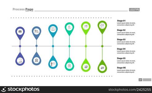 Six stages flow chart slide template. Diagram, flowchart, infographic. Concept for presentation, templates, annual reports. Can be used for topics like finance, money, banking