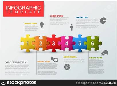 Six steps infographic template with puzzle pieces. Vector puzzle Infographic report template made from colorful jigsaw pieces, icons and description text