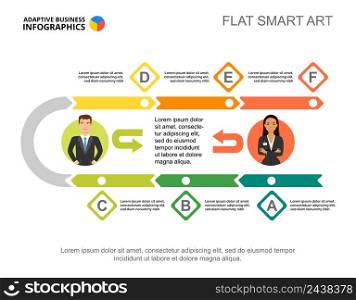Six steps workflow process chart template for presentation. Vector illustration. Diagram, graph, infochart. Vision, project, planning or marketing concept for infographic, report.