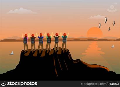 Six teams people stood up and showed his hands on the top of the mountain happily. There are sea, mountains and sunset background