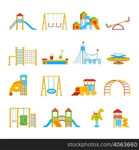 Sixteen isolated childrens playground equipment elements set with flat cartoon icons of carrousels seesaws and slippery dips vector illustration. Playground Equipment Icon Set