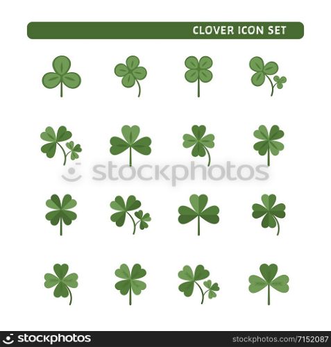 Sixteen luck clover vector set isolated on white background. Four and three leaf clover. Flat illustration