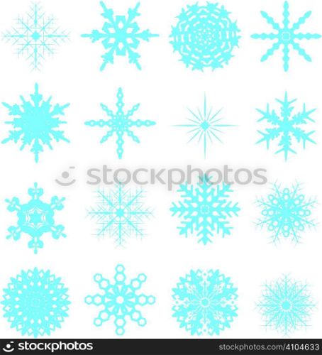 sixteen snowflake in blue with different variations ideal to be placed on your own artwork