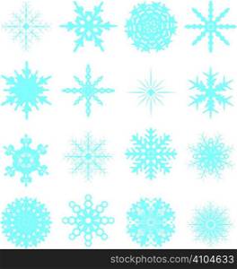 sixteen snowflake in blue with different variations ideal to be placed on your own artwork