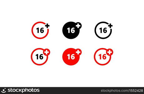 Sixteen years over icon set. Over 16 only, age restriction sign. Vector on isolated white background. EPS 10.. Sixteen years over icon set. Over 16 only, age restriction sign. Vector on isolated white background. EPS 10
