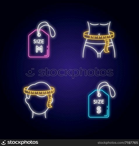 Size tags and measurements neon light icons set. Head and waist circumference, small and medium labels. Custom made clothing signs with outer glowing effect. Vector isolated RGB color illustrations