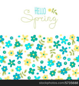 Sizon card Hello Spring with cute flowers. Vector illustration.