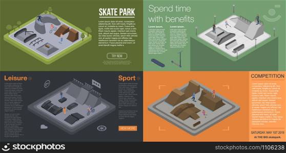 Skate park banner set. Isometric set of skate park vector banner for web design. Skate park banner set, isometric style