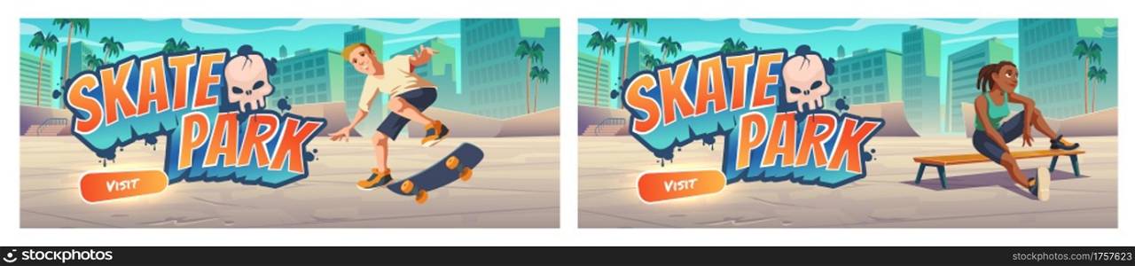 Skate park cartoon landing page with teenager at rollerdrome perform skateboard jumping stunts on pipe ramps. Extreme sport, graffiti, youth urban culture and teen street activity, vector web banner. Skate park cartoon landing page with teenager