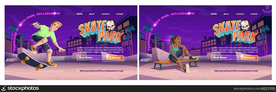 Skate park cartoon landing page with teenager at rollerdrome perform skateboard jumping stunts on pipe r&s. Extreme sport, graffiti, youth urban culture and teen street activity, vector web banner. Skate park cartoon landing page with teenager