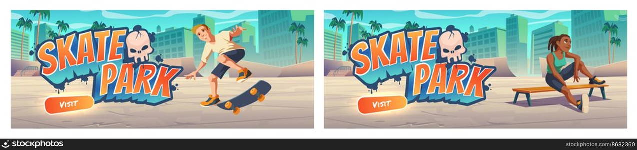 Skate park cartoon landing page with teenager at rollerdrome perform skateboard jumping stunts on pipe r&s. Extreme sport, graffiti, youth urban culture and teen street activity, vector web banner. Skate park cartoon landing page with teenager