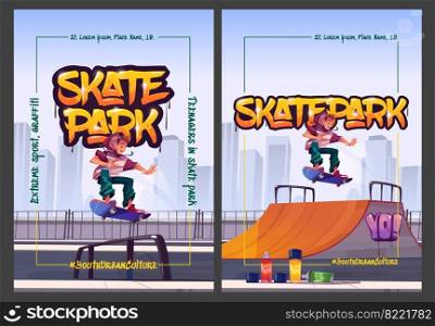 Skate park cartoon posters with teenager at rollerdrome perform skateboard jumping stunts on pipe r&s. Extreme sport, graffiti painting, youth urban culture and teen street activity, vector banners. Skate park cartoon posters with teenager jumping