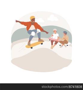 Skate park isolated cartoon vector illustration. Young skater teenage boy jumping with skateboard on r&in skate park, sporty guy performing extreme tricks, active lifestyle vector cartoon.. Skate park isolated cartoon vector illustration.