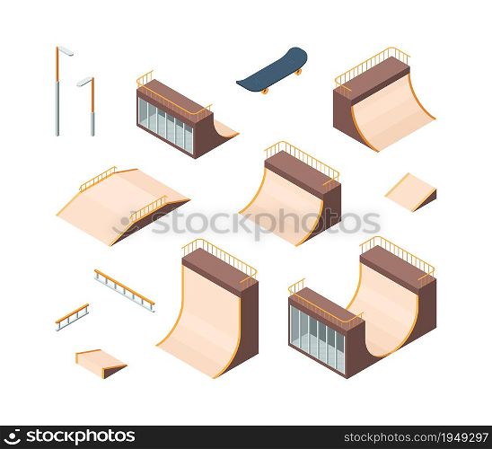Skate park. Isometric outdoors active characters skateboarders trampoline railings teenagers athlete workout club vector collection. Outdoor skateboarding isometric, skateboard exercise illustration. Skate park. Isometric outdoors active characters skateboarders trampoline railings teenagers athlete workout club vector collection