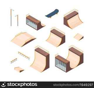 Skate park. Isometric outdoors active characters skateboarders trampoline railings teenagers athlete workout club vector collection. Outdoor skateboarding isometric, skateboard exercise illustration. Skate park. Isometric outdoors active characters skateboarders trampoline railings teenagers athlete workout club vector collection