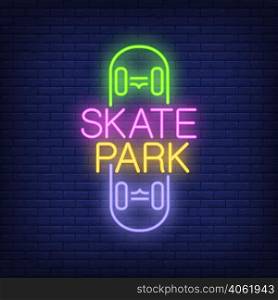 Skate park neon text on skateboard logo. Neon sign, night bright advertisement, colorful signboard, light banner. Vector illustration in neon style.