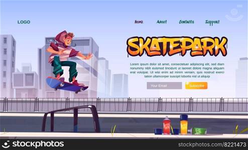 Skate park website with boy riding on skateboard on rollerdrome. Vector landing page with cartoon cityscape, teenager jump on track, aerosols for graffiti. Playground for extreme sport activity. Skate park website with boy riding on skateboard
