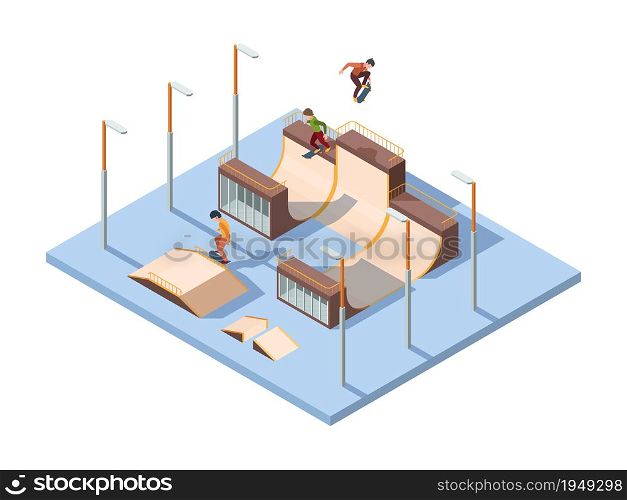 Skate park. Young teenagers active riders and jumpers extreme sport activities skateboard performance vector isometric background. Skatepark city, person activity and recreation illustration. Skate park. Young teenagers active riders and jumpers extreme sport activities skateboard performance vector isometric background