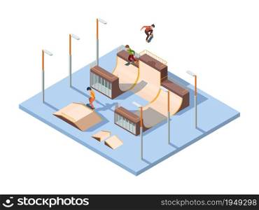 Skate park. Young teenagers active riders and jumpers extreme sport activities skateboard performance vector isometric background. Skatepark city, person activity and recreation illustration. Skate park. Young teenagers active riders and jumpers extreme sport activities skateboard performance vector isometric background