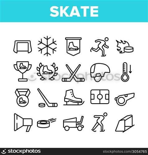 Skate Sport Equipment Collection Icons Set Vector Thin Line. Hockey Player Brassy And Helmet, Brassy And Puck, Skate Ice Rink And Skater Concept Linear Pictograms. Monochrome Contour Illustrations. Skate Sport Equipment Collection Icons Set Vector