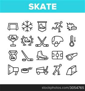 Skate Sport Equipment Collection Icons Set Vector Thin Line. Hockey Player Brassy And Helmet, Brassy And Puck, Skate Ice Rink And Skater Concept Linear Pictograms. Monochrome Contour Illustrations. Skate Sport Equipment Collection Icons Set Vector