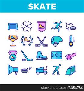 Skate Sport Equipment Collection Icons Set Vector Thin Line. Hockey Player Brassy And Helmet, Brassy And Puck, Skate Ice Rink And Skater Concept Linear Pictograms. Color Contour Illustrations. Skate Sport Equipment Collection Icons Set Vector