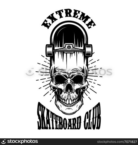 Skateboard emblem with skull. Design element for logo, label, sign, poster, t shirt. Vector image