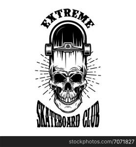 Skateboard emblem with skull. Design element for logo, label, sign, poster, t shirt. Vector image