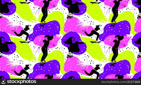 Skateboard girl pattern. Drive, teenagers on longboards. Skate hobby, active lifestyle or sporting vector seamless texture. Skateboard girl seamless pattern