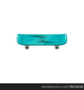 Skateboard isolated realistic longboard. Vector blue skateboarding board, deck with wheels. Longboard or skateboard isolated cartoon board