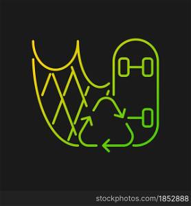 Skateboard made from fishing nets gradient vector icon for dark theme. Fishing gear reuse. Reduce deforestation. Thin line color symbol. Modern style pictogram. Vector isolated outline drawing. Skateboard made from fishing nets gradient vector icon for dark theme
