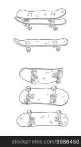 Skateboard mockup. Skateboards different angles views. Vector sports doodle set. 