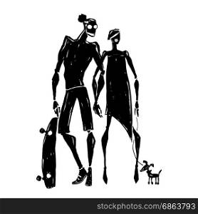 Skateboard. Silhouettes of woman and man. Couple with a dog. Hand drawn Vector illustration.. Skateboard. Silhouettes of woman and man.