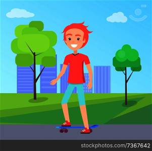 Skateboarder at cityscape, trees on grass, flat road and young boy with skateboard, skating teenager sport hobby isolated on vector illustration. Skateboarder and Cityscape Vector Illustration