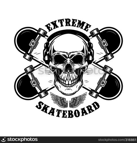 Skateboarder emblem. Crossed skateboards and skull. Design element for logo, label, sign. Vector illustration