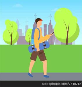 Skateboarder going outdoor, urban skater in park. Vector man holding skateboard, walkig boy using phone, person wearing casual clothes with backpack. Skateboarder Going Outdoor, Urban Skater in Park