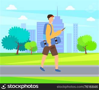Skateboarder going outdoors, urban skater vector. Man holding skateboard, side view of boy using phone, person wearing casual clothes, summertime. Skateboarder Going Outdoors, Urban Skater Vector