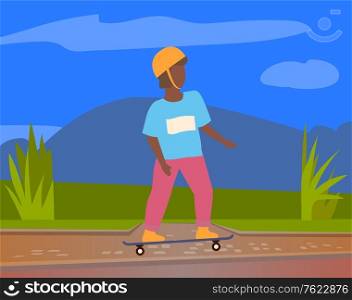 Skateboarder in protective helmet riding on board outdoors, vector cartoon style kid in city park. Skating teenager in protective headgear, green grass. Skateboarder in Protective Helmet Riding Outdoors
