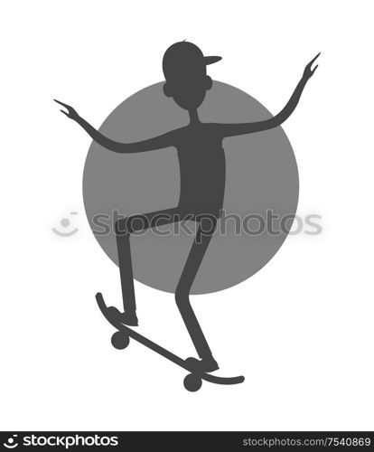 Skateboarder in sleeveless shirt and jeans makes tricks with skateboard, Go skateboarding day male cartoon character isolated on white vector. Black on white. Skateboarder Sleeveless Shirt Jeans Making Tricks