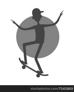 Skateboarder in sleeveless shirt and jeans makes tricks with skateboard, Go skateboarding day male cartoon character isolated on white vector. Black on white. Skateboarder Sleeveless Shirt Jeans Making Tricks