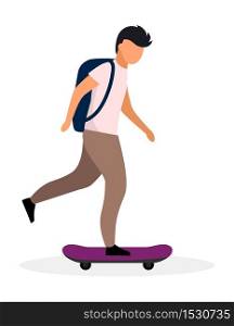 Skateboarder, skater with backpack flat vector illustration. Schoolboy skateboarding. Teenage boy riding skate cartoon character isolated on white background. Modern school kid, child have fun