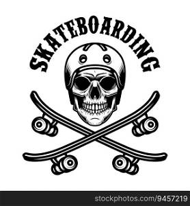 Skateboarder skull with crossed skateboards. Design element for logo, label sign, poster, t shirt. Vector illustration