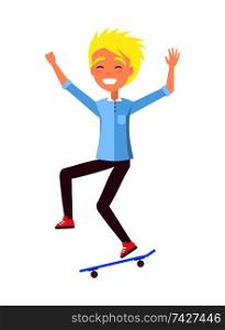 Skateboarder smiling blond boy, person practicing skateboarding hobby, happy emotions of skater merrily jumping vector illustration isolated on white. Skateboarder Smiling Blond Boy Vector Illustration