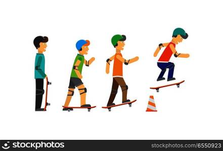Skateboarders boys in protective equipment and helmets jumping over orange traffic cone. Skateboard wearing protective gear. Summer vacation, healthy lifestyle, leisure activities illustration. Group of Skateboarders
