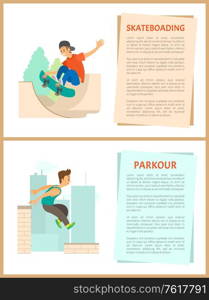 Skateboarding and parkour vector, young man jumping from high roof, person with skateboard making tricks on board. Hobby of youth posters with text. Skateboarding and Parkour Hobby of Youth Poster