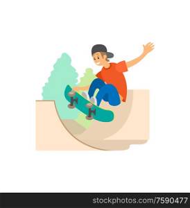 Skateboarding and skate part, teenager on skateboard vector. Extreme sport or outdoor activity, jumping on board, boy in cap and jeans showing trick. Extreme Teen Sport, Skateboarding and Skate Park
