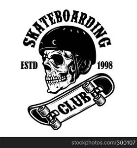 Skateboarding club. Emblem with skull in skateboard helmet. Design element for logo, label, sign, poster. Vector illustration